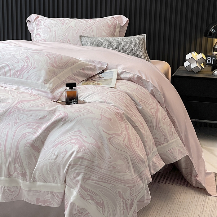 91家纺网 家纺一手货源 找家纺 【直播爆款】A类全棉数码印花四件套纯棉轻奢风长绒棉床单被套条纹床上用品 SM浮影-静谧粉
