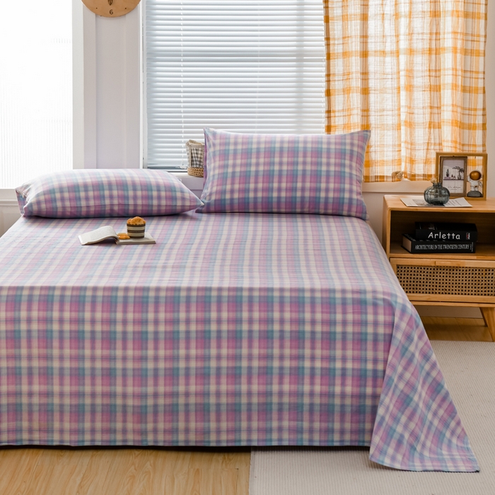 91家纺网 家纺一手货源 找家纺 柠萌家居 2025新款无印风全棉色织A类母婴级纯棉水洗棉床单 简爱紫格