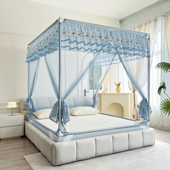 91家纺网 家纺一手货源 找家纺 青竹苑 2025新款紫荆花床笠式坐床防摔蚊帐 青春蓝