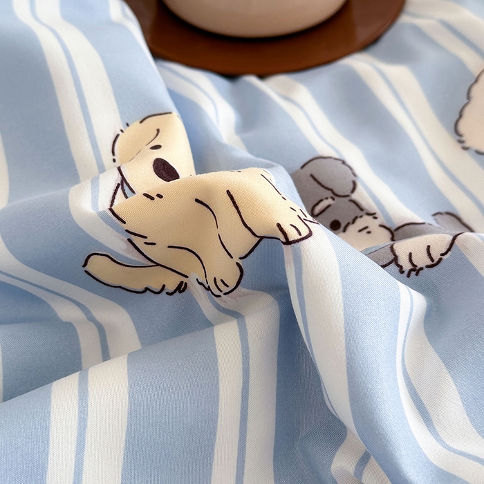 91家纺网 家纺一手货源 找家纺 优迈 2025新款ins风亲肤卡通条格印花水洗棉系列四件套 可爱狗