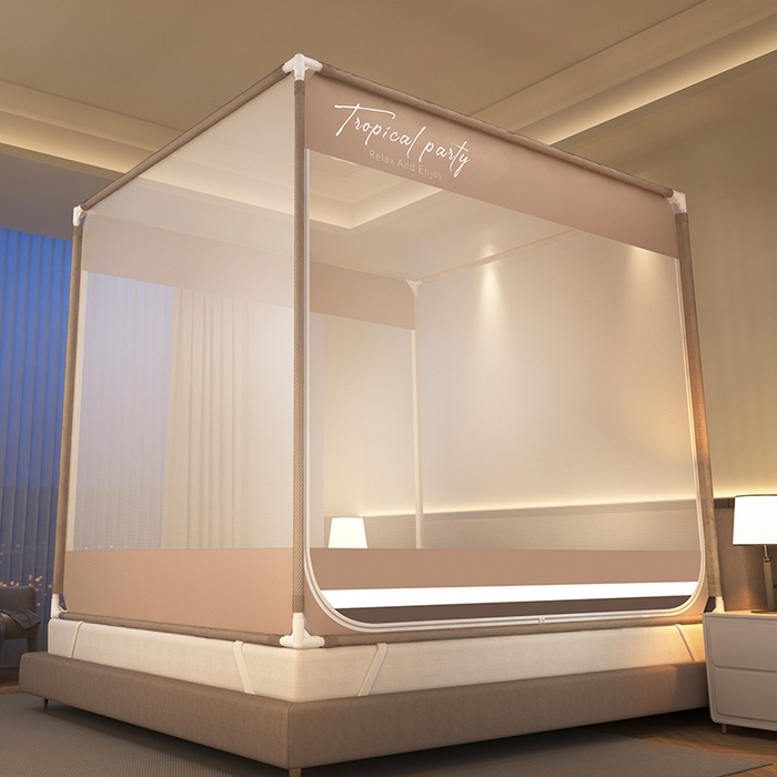 91家纺网 家纺一手货源 找家纺 青竹苑 2025新款双门全底外穿坐床式蚊帐儿童防摔防蚊拉链方帐 几何图案-仲夏咖