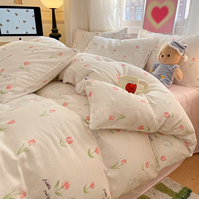 91家纺网 家纺一手货源 找家纺 博雅 2025新款全棉A类双层纱四件套 花园萌兔