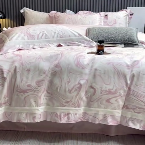 91家纺网 家纺一手货源 找家纺 【直播爆款】A类全棉数码印花四件套纯棉轻奢风长绒棉床单被套条纹床上用品 SM浮影-静谧粉