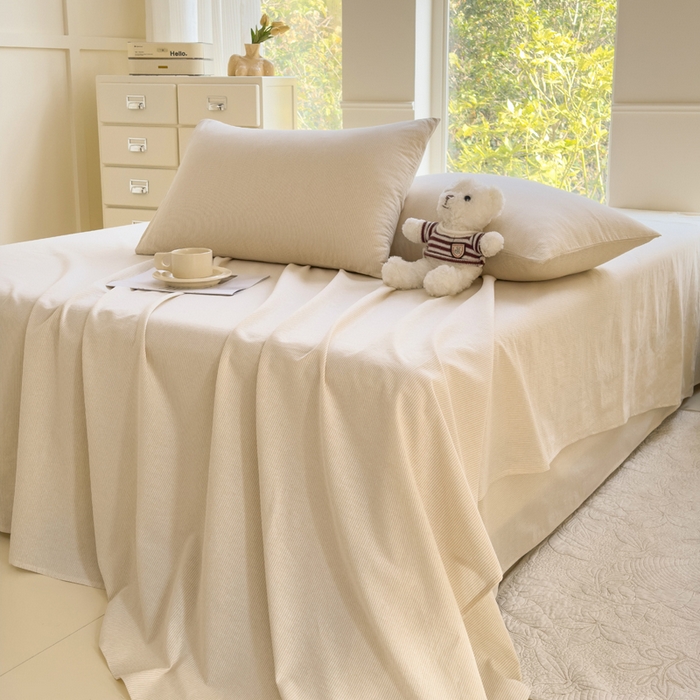 91家纺网 家纺一手货源 找家纺 柠萌家居 2025新款无印风全棉色织A类母婴级纯棉水洗棉床单 米极细条