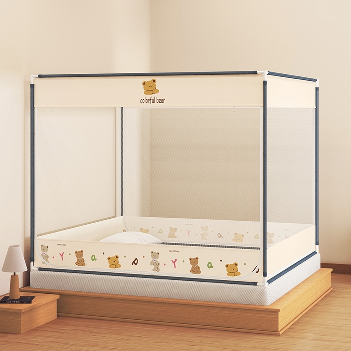 91家纺网 家纺一手货源 找家纺 青竹苑 2025新款三门大版上下布印花外穿坐床蚊帐床笠式防摔方帐 嘟嘟熊