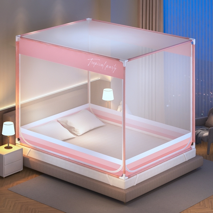 91家纺网 家纺一手货源 找家纺 青竹苑 2025新款双门全底外穿坐床式蚊帐儿童防摔防蚊拉链方帐 几何图案-夏日粉