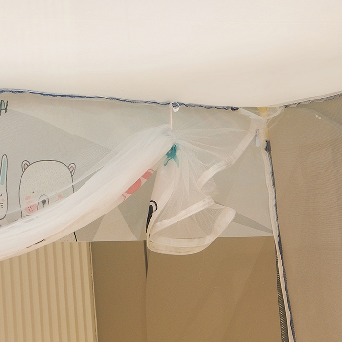 91家纺网 家纺一手货源 找家纺 青竹苑 2025新款三门大版上下布印花外穿坐床蚊帐床笠式防摔方帐 萌宠乐园