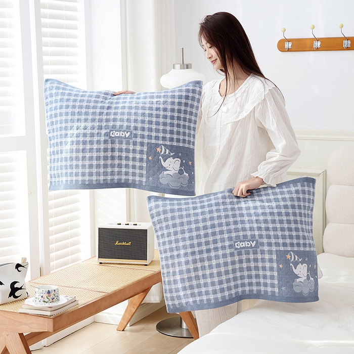 91家纺网 家纺一手货源 找家纺 朴尔家纺-毛巾被 2025新款芬柔AB纱卡通三层纯棉纱布枕巾 星星象-蓝