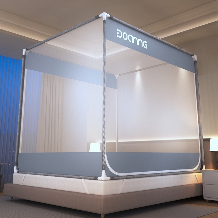 91家纺网 家纺一手货源 找家纺 青竹苑 2025新款双门全底外穿坐床式蚊帐儿童防摔防蚊拉链方帐 纯色字母-绅士灰