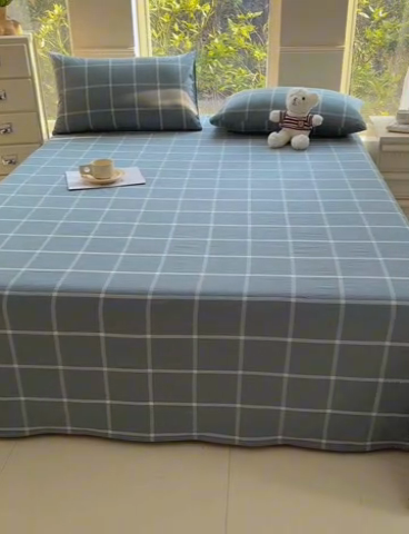 91家纺网 家纺一手货源 找家纺 柠萌家居 2025新款无印风全棉色织A类母婴级纯棉水洗棉床单 海蓝大格