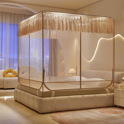 青竹苑 2025新款花边TU拉链外穿全底坐床蚊帐 奶咖色