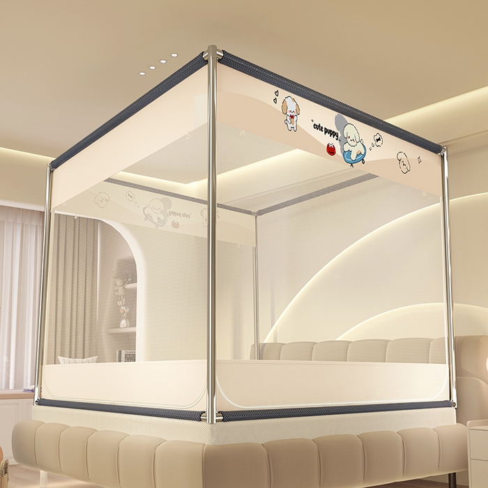 91家纺网 家纺一手货源 找家纺 青竹苑 2025新款三门大版上下布印花外穿坐床蚊帐床笠式防摔方帐 快乐修狗