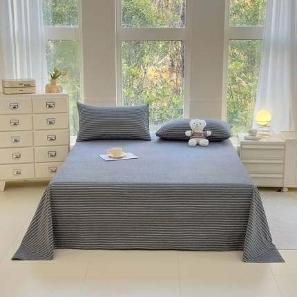 柠萌家居 2025新款无印风全棉色织A类母婴级纯棉水洗棉床单 中条纹深灰