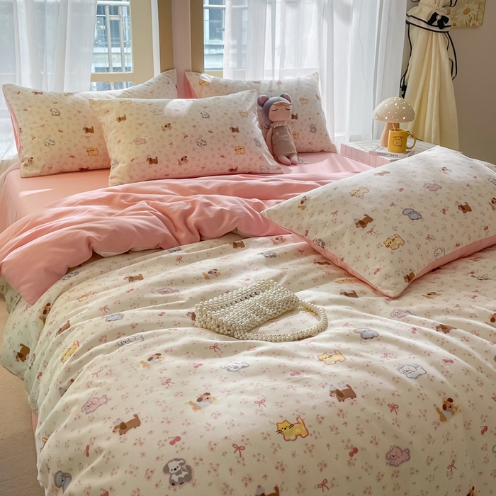 91家纺网 家纺一手货源 找家纺 仟网汇 2025新款针织双层纱AB版四件套 精灵花园