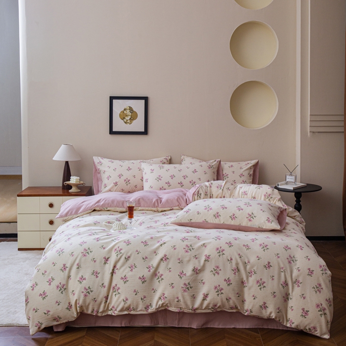 91家纺网 家纺一手货源 找家纺 利禾家纺 2025新款针织天竺棉水洗棉四件套被套学生宿舍三件套床单款 牵牛花