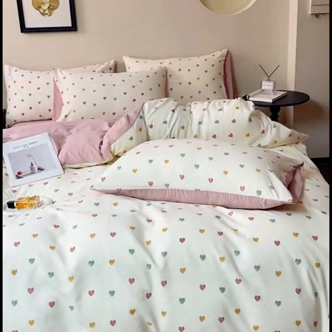 91家纺网 家纺一手货源 找家纺 利禾家纺 2025新款针织天竺棉水洗棉四件套被套学生宿舍三件套床单款 蜜糖甜心