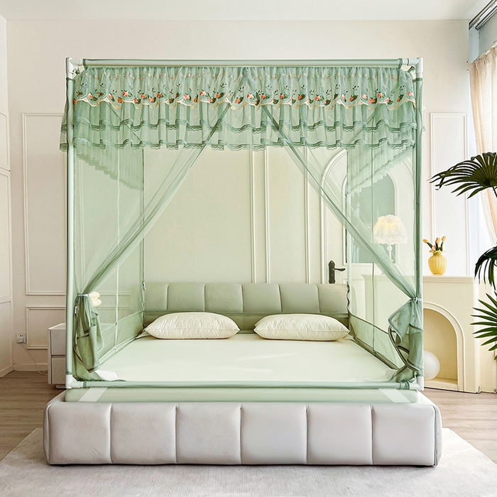 91家纺网 家纺一手货源 找家纺 青竹苑 2025新款紫荆花床笠式坐床防摔蚊帐 薄荷绿