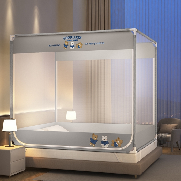 91家纺网 家纺一手货源 找家纺 青竹苑 2025新款双门全底外穿坐床式蚊帐儿童防摔防蚊拉链方帐 卡通-三只熊