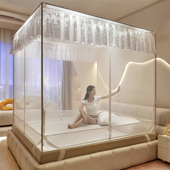 91家纺网 家纺一手货源 找家纺 青竹苑 2025新款花边TU拉链外穿全底坐床蚊帐 珍珠白