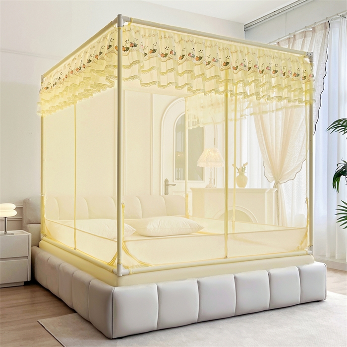 91家纺网 家纺一手货源 找家纺 青竹苑 2025新款紫荆花床笠式坐床防摔蚊帐 柠檬黄