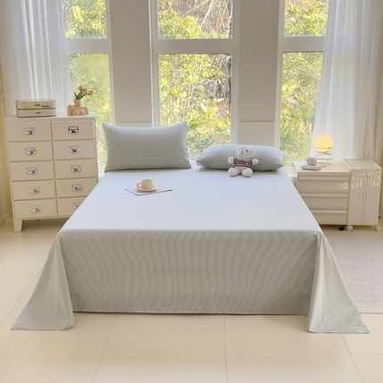 柠萌家居 2025新款无印风全棉色织A类母婴级纯棉水洗棉床单 绿极细条