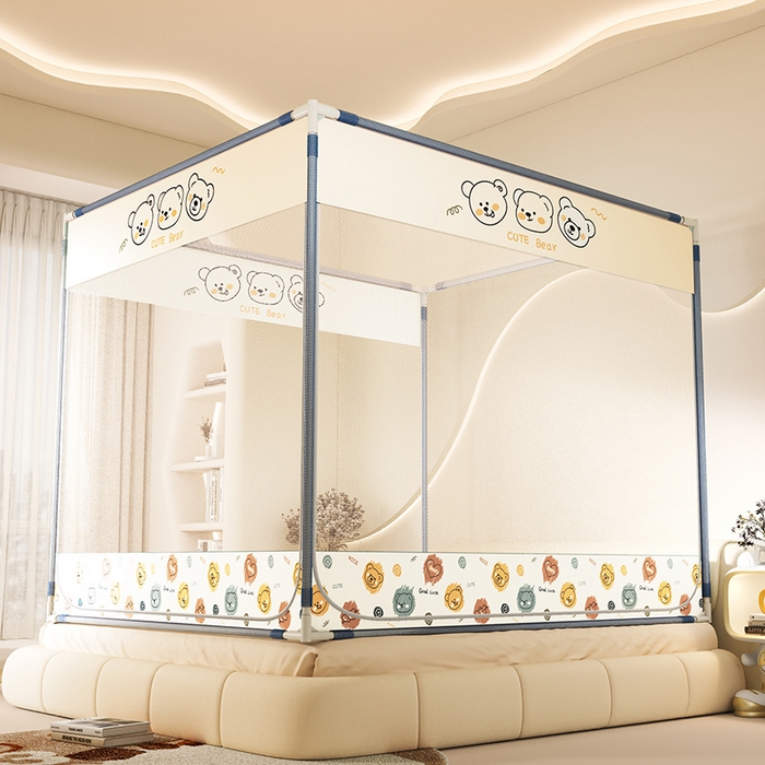 91家纺网 家纺一手货源 找家纺 青竹苑 2025新款三门大版上下布印花外穿坐床蚊帐床笠式防摔方帐 熊熊出没