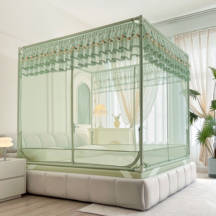 91家纺网 家纺一手货源 找家纺 青竹苑 2025新款紫荆花床笠式坐床防摔蚊帐 薄荷绿