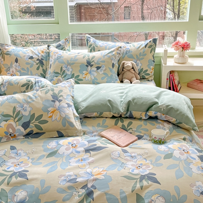 91家纺网 家纺一手货源 找家纺 菲梵家纺 2025新款喷气小清新全棉印花四件套（预留缩水）木棉花