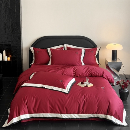 佳汐蓝家纺 2025新款100支澳棉刺绣拼接四件套-简 简-红色