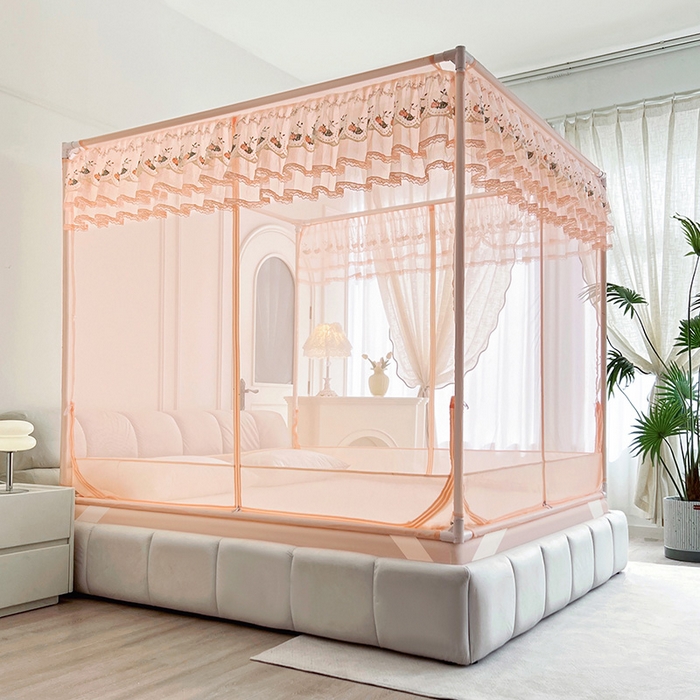 91家纺网 家纺一手货源 找家纺 青竹苑 2025新款紫荆花床笠式坐床防摔蚊帐 玉粉色