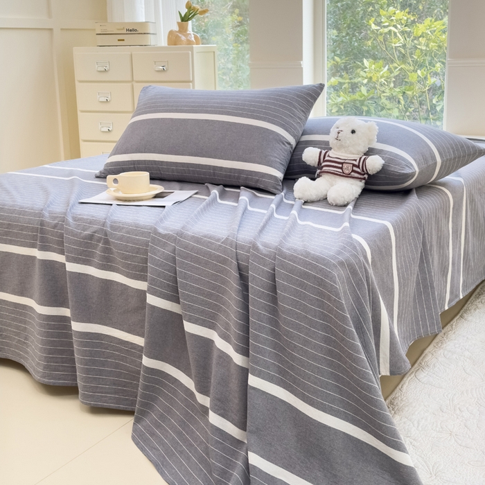 91家纺网 家纺一手货源 找家纺 柠萌家居 2025新款无印风全棉色织A类母婴级纯棉水洗棉床单 光阴灰