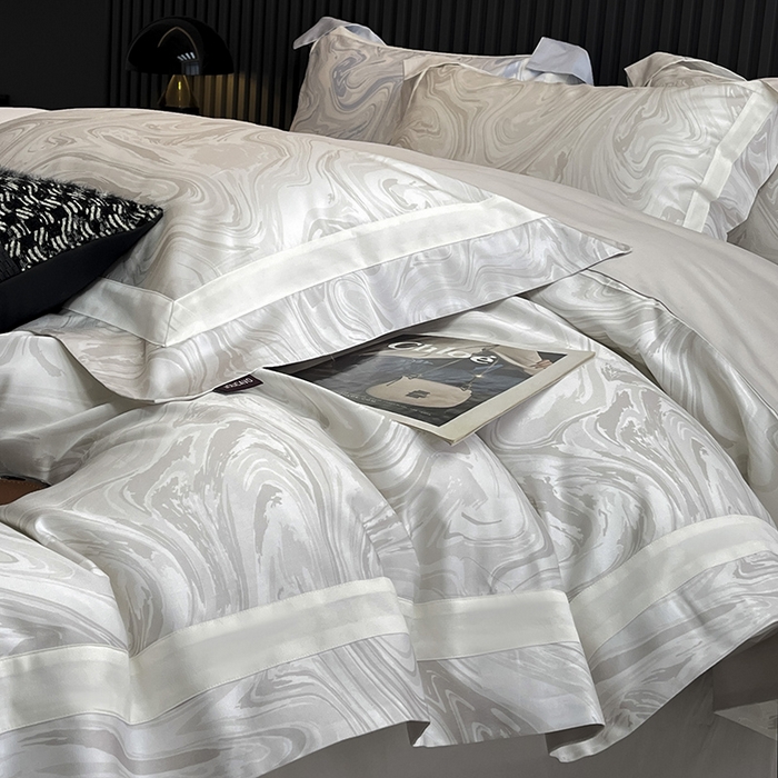 91家纺网 家纺一手货源 找家纺 【直播爆款】A类全棉数码印花四件套纯棉轻奢风长绒棉床单被套条纹床上用品 SM浮影-梵希银