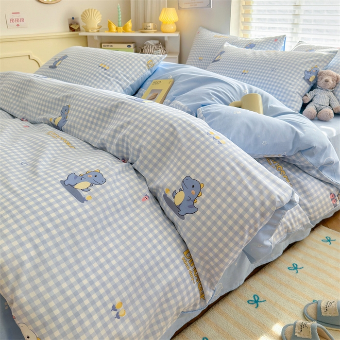 91家纺网 家纺一手货源 找家纺 名兮家居 2025年新款13372全棉印花四件套-卡通系列 格子恐龙