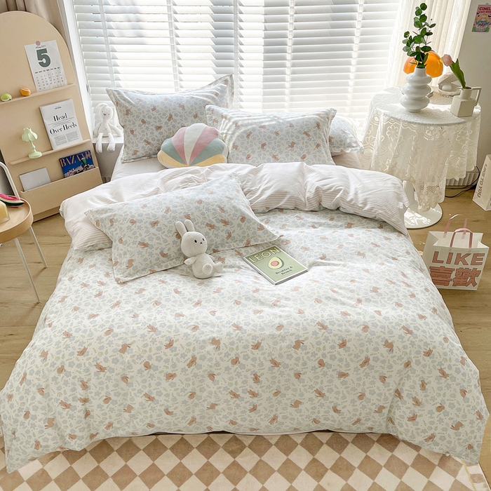 91家纺网 家纺一手货源 找家纺 柠馨 2025新款13372全棉床单床笠枕套被套单品系列-单被套 欢乐兔