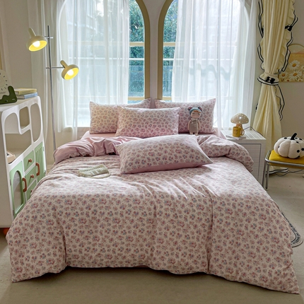 91家纺网 家纺一手货源 找家纺 仟网汇 2025新款针织双层纱AB版四件套 粉娜