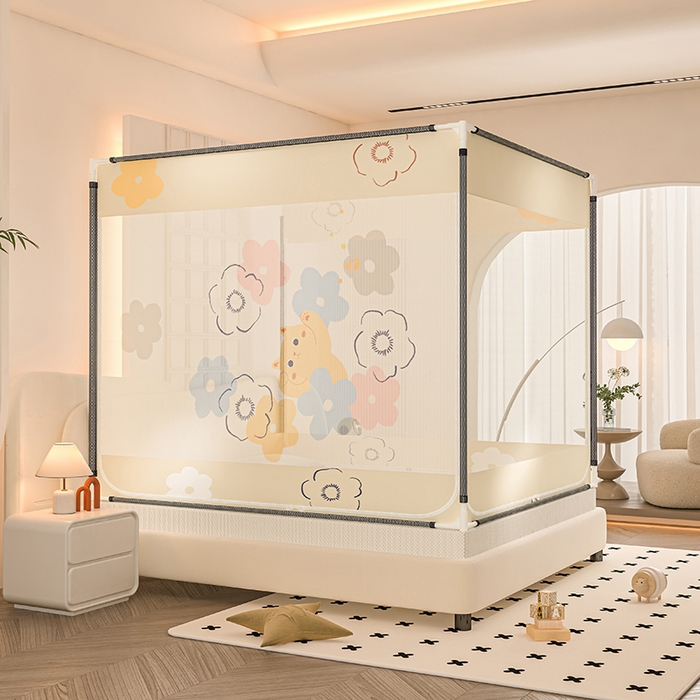 91家纺网 家纺一手货源 找家纺 青竹苑 2025新款帐纱印花外穿坐床防摔蚊帐 花朵喵喵