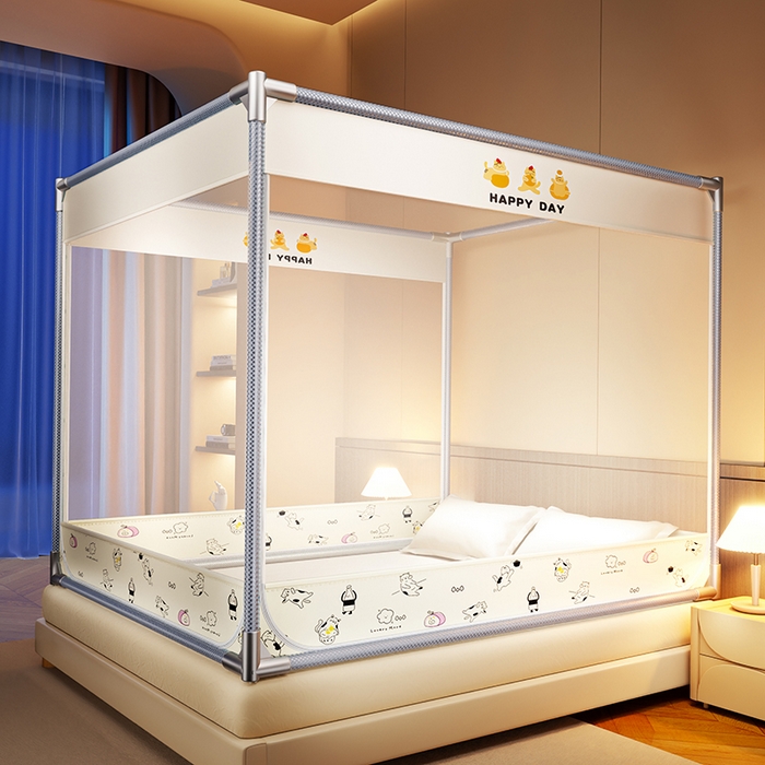 91家纺网 家纺一手货源 找家纺 青竹苑 2025新款三门大版上下布印花外穿坐床蚊帐床笠式防摔方帐 你好喵呀