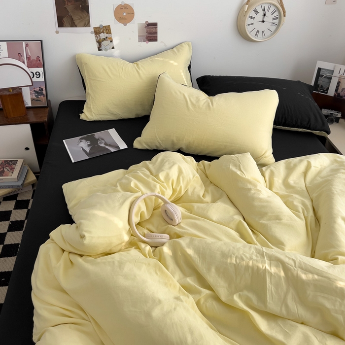 91家纺网 家纺一手货源 找家纺 花伞家居 2025新款纯色拼色柔软亲肤水洗棉简约四件套   奶黄+黑