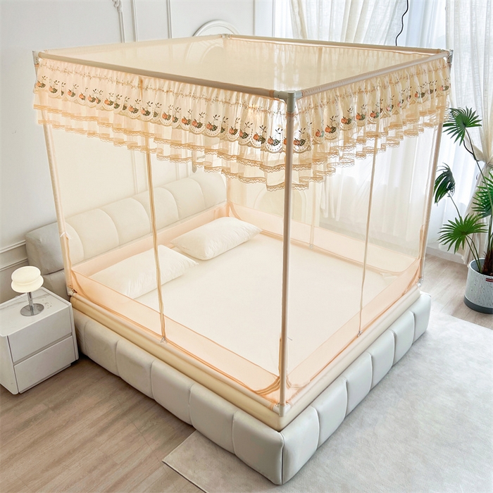 91家纺网 家纺一手货源 找家纺 青竹苑 2025新款紫荆花床笠式坐床防摔蚊帐 浅杏色