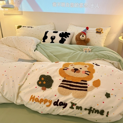 韩巢家纺 2025新款云朵棉可爱小猫咪毛巾绣被套床单床上用品四件套宿舍三件套（提供卖家秀） 小狮时光