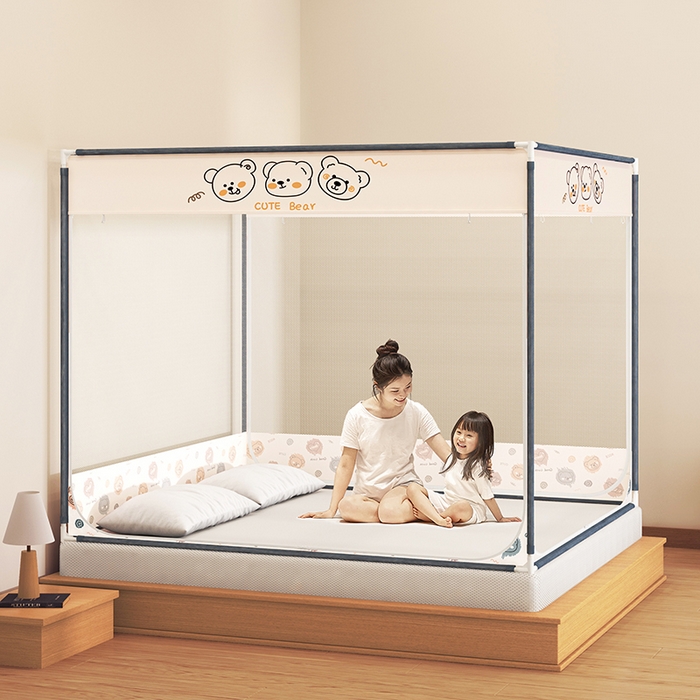 91家纺网 家纺一手货源 找家纺 青竹苑 2025新款三门大版上下布印花外穿坐床蚊帐床笠式防摔方帐 熊熊出没