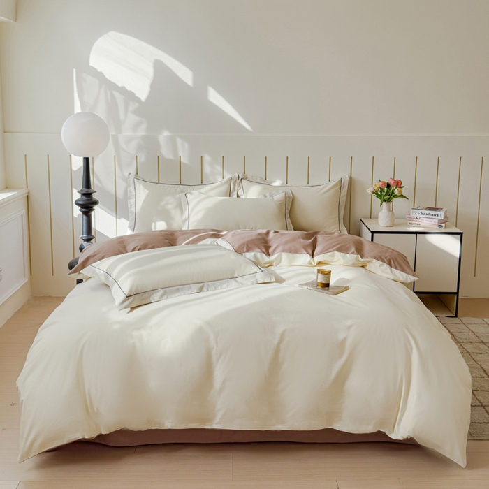 91家纺网 家纺一手货源 找家纺 锦彩 2025新款40长绒棉酒店宾馆民宿学生三件套正宗13372双拼纯色全棉四件套（可定制）奶昔白-摩卡
