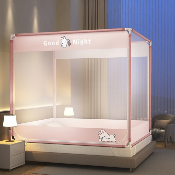 91家纺网 家纺一手货源 找家纺 青竹苑 2025新款双门全底外穿坐床式蚊帐儿童防摔防蚊拉链方帐 卡通-兔子粉