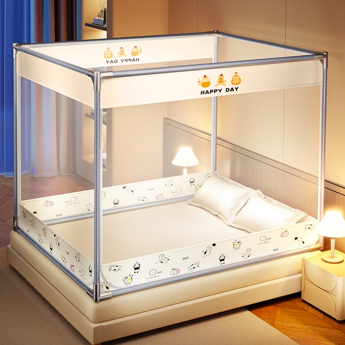 91家纺网 家纺一手货源 找家纺 青竹苑 2025新款三门大版上下布印花外穿坐床蚊帐床笠式防摔方帐 你好喵呀