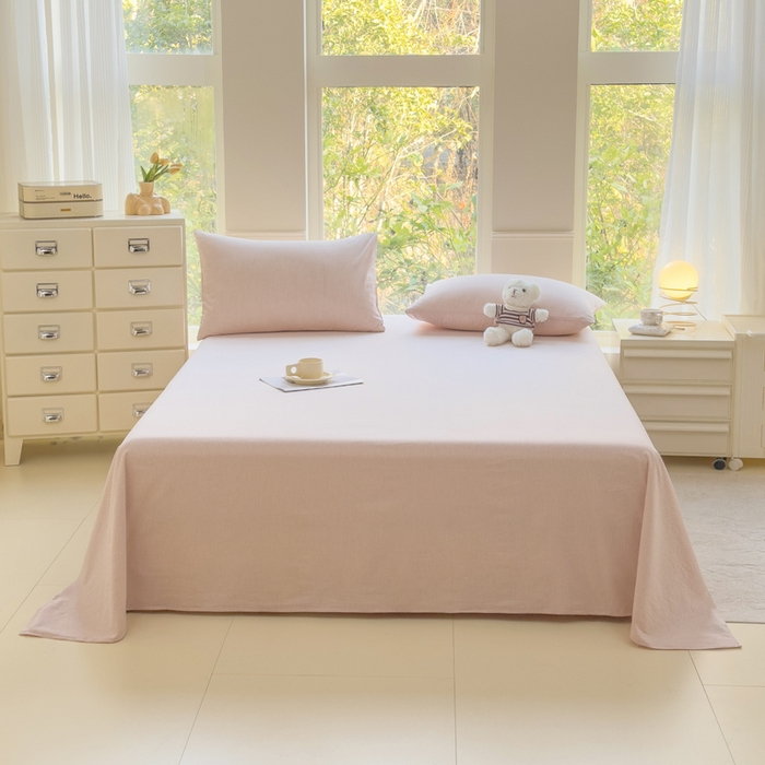 91家纺网 家纺一手货源 找家纺 柠萌家居 2025新款无印风全棉色织A类母婴级纯棉水洗棉床单 粉极细条