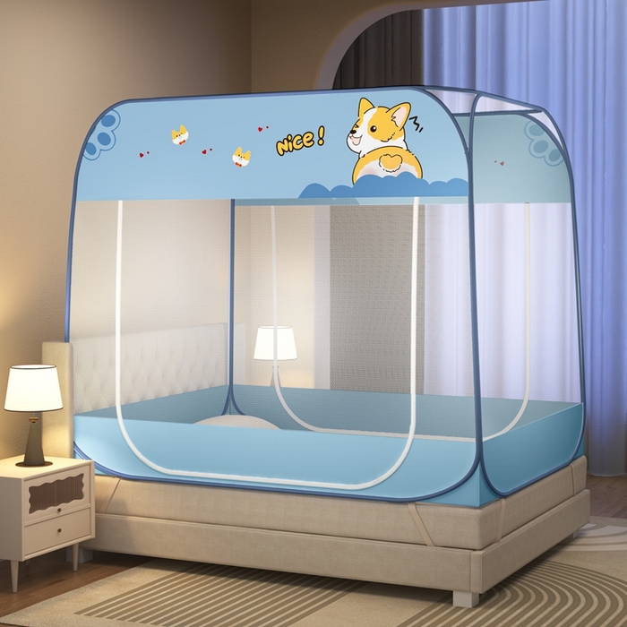 91家纺网 家纺一手货源 找家纺 青竹苑 2025新款免安装大顶魔术蚊帐布三角款 奈斯狗蓝布三角