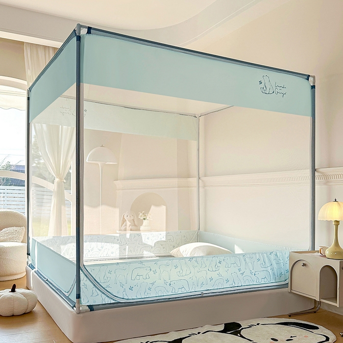 91家纺网 家纺一手货源 找家纺 青竹苑 2025新款三门大版上下布印花外穿坐床蚊帐床笠式防摔方帐 北极熊