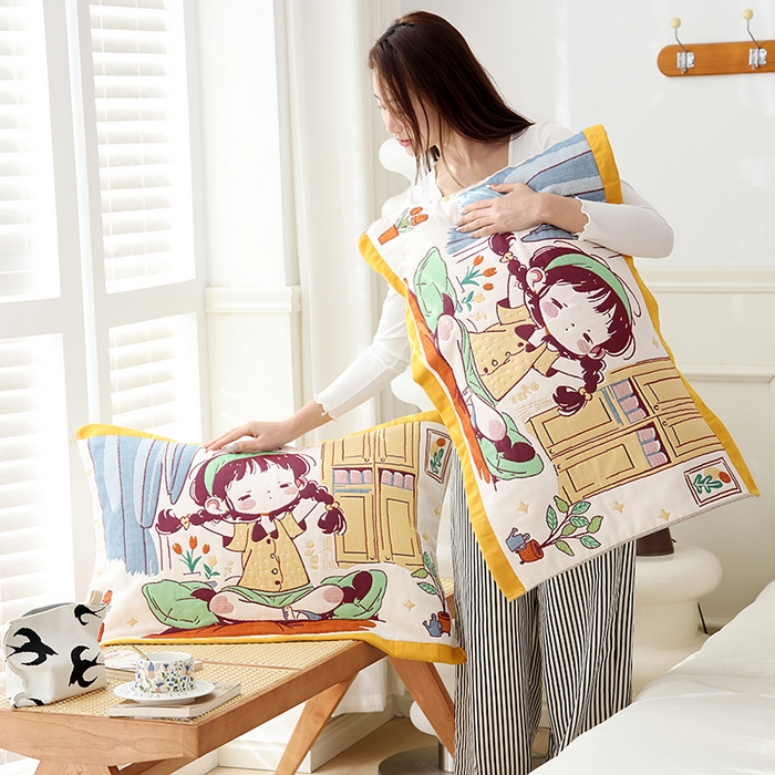 91家纺网 家纺一手货源 找家纺 朴尔家纺-毛巾被 2025新款萌萌系八层纯棉加厚纱布枕巾 早安少女