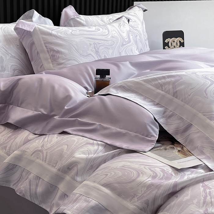 91家纺网 家纺一手货源 找家纺 【直播爆款】A类全棉数码印花四件套纯棉轻奢风长绒棉床单被套条纹床上用品 SM浮影-风信紫