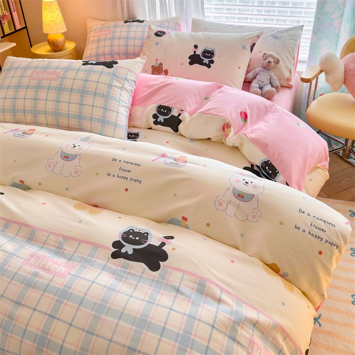 91家纺网 家纺一手货源 找家纺 名兮家居 2025年新款13372全棉印花四件套-卡通系列 可爱喵